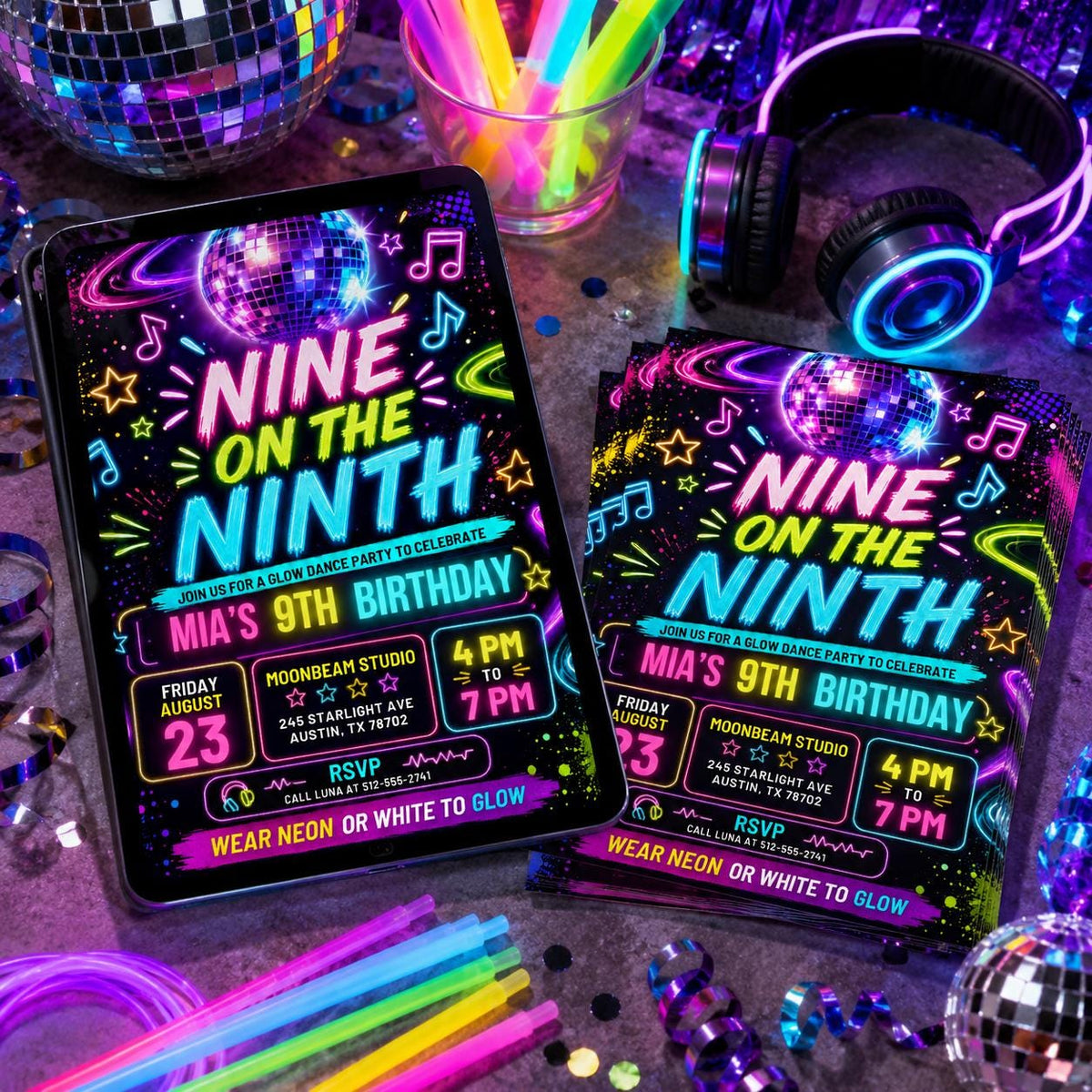 Neon Disco Glow Dance Party Invitation — print-ready 9th birthday party design from VoltBy
