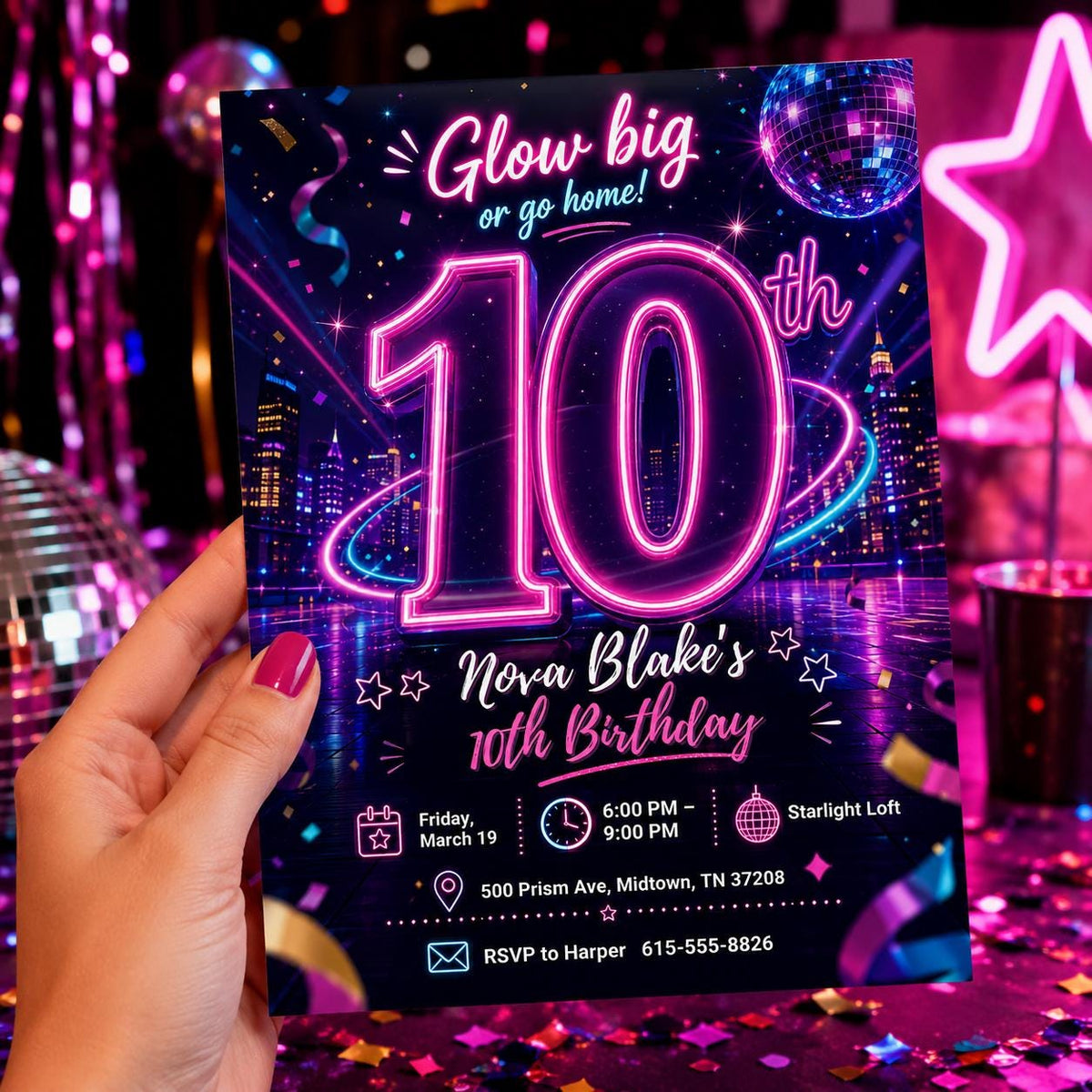 Neon Disco Glow Party 10th Birthday Invitation — digital invitation, instant download