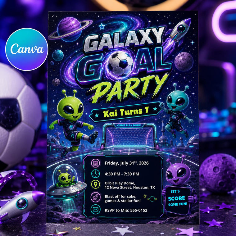 Neon Galaxy Goal Party 7th Birthday Invitation for Boys
