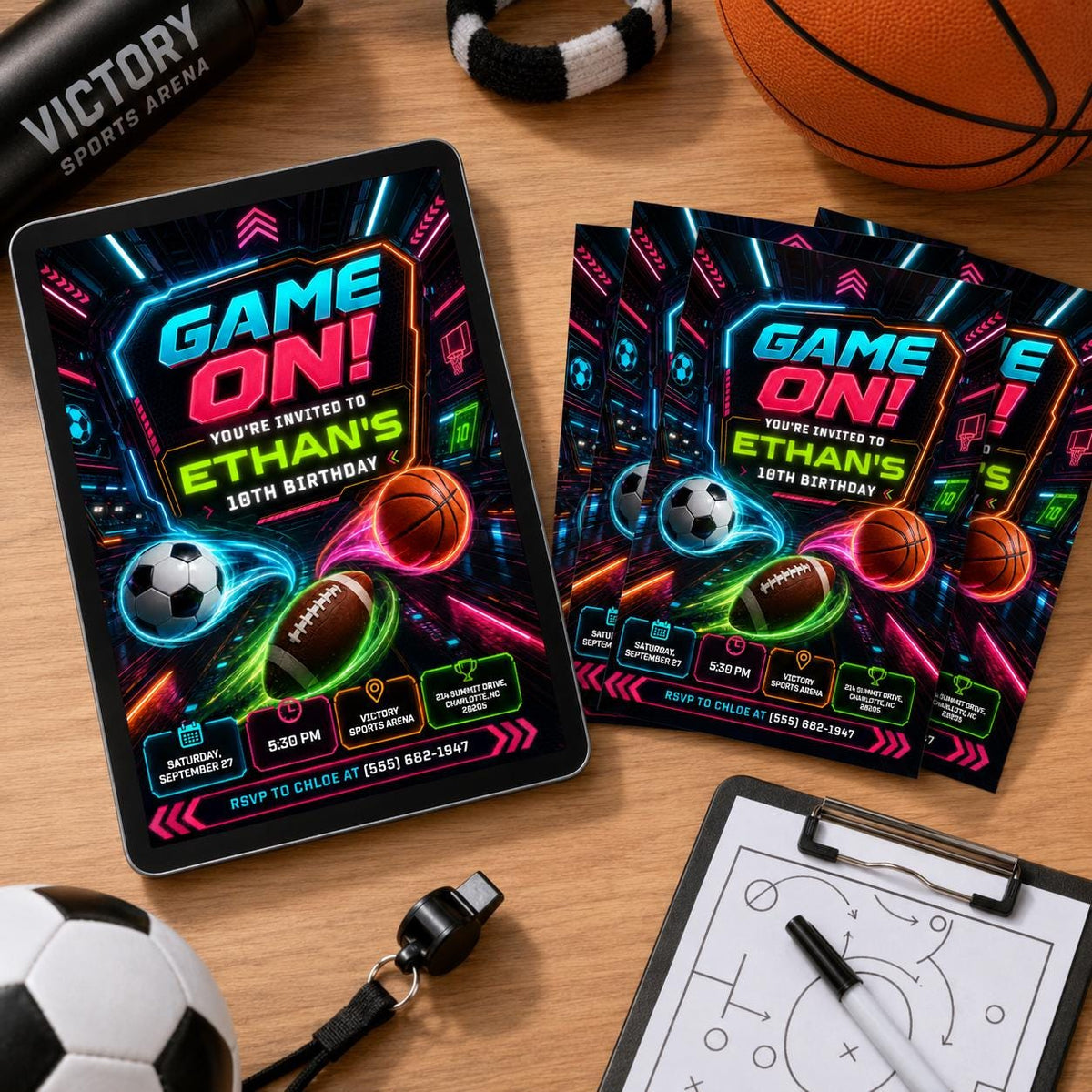 Neon Game On Sports Birthday Invitation — birthday party stationery by VoltBy