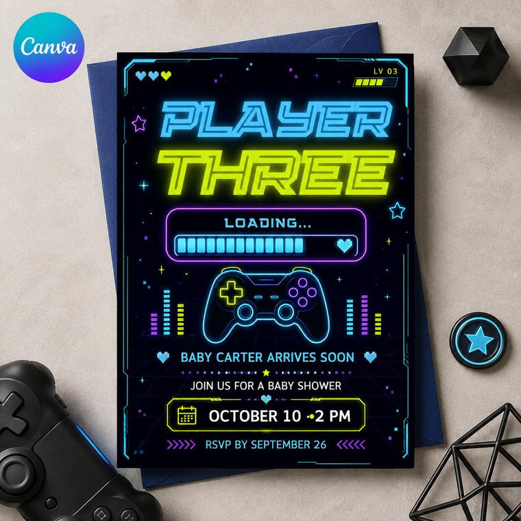 Neon Gamer Baby Shower Invitation