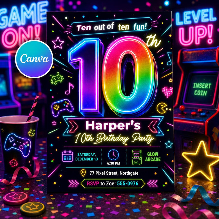 Neon Glow 10th Birthday Invitation
