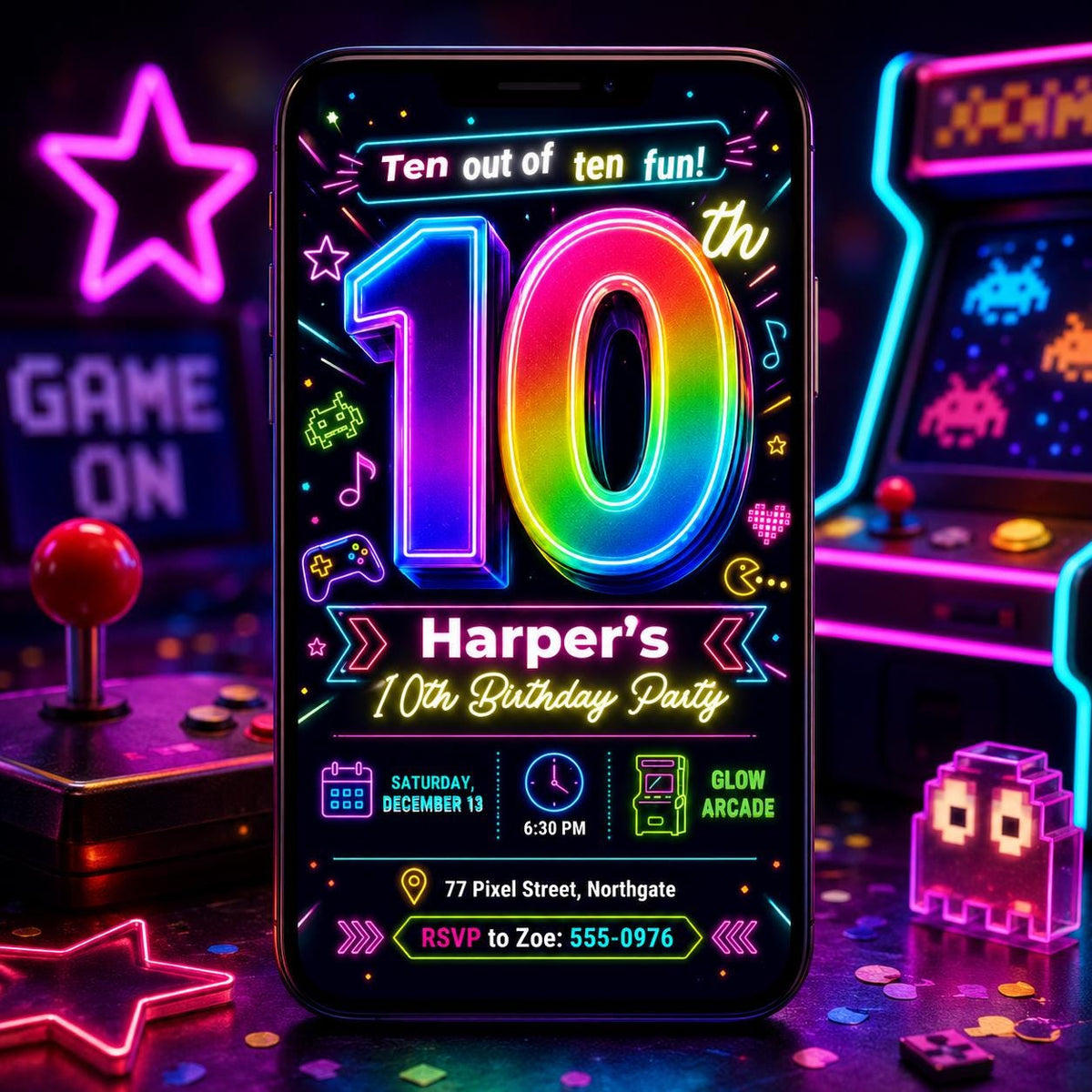 Neon Glow 10th Birthday Invitation — digital invitation, instant download