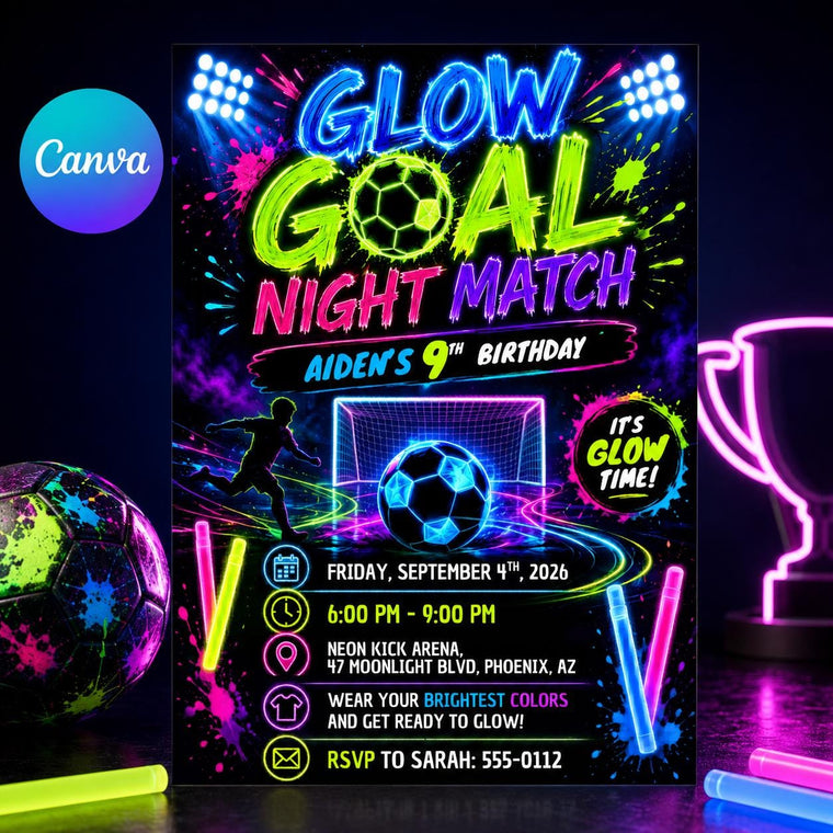 Neon Glow Soccer 9th Birthday Invitation