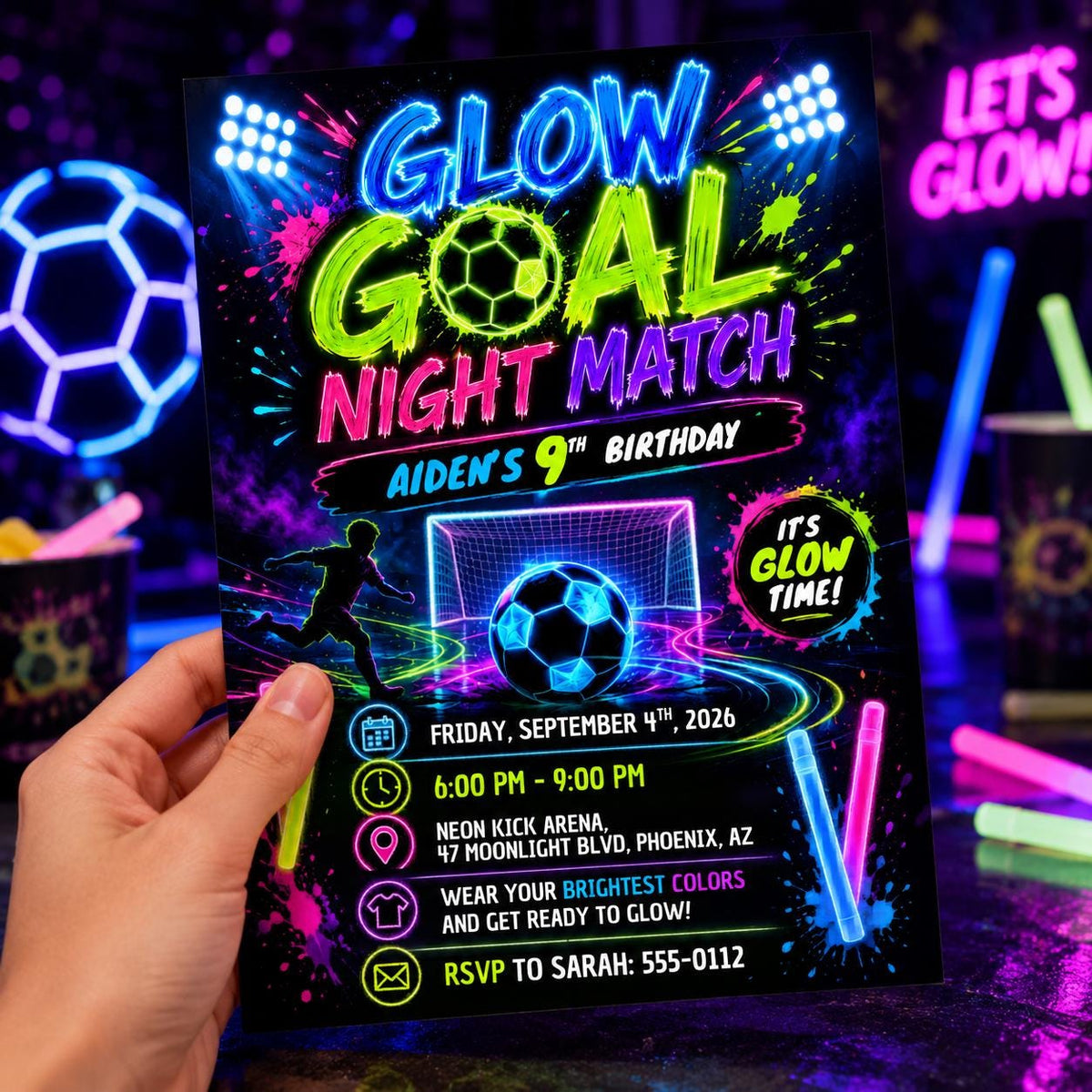 Neon Glow Soccer 9th Birthday Invitation — 9th birthday party stationery by VoltBy