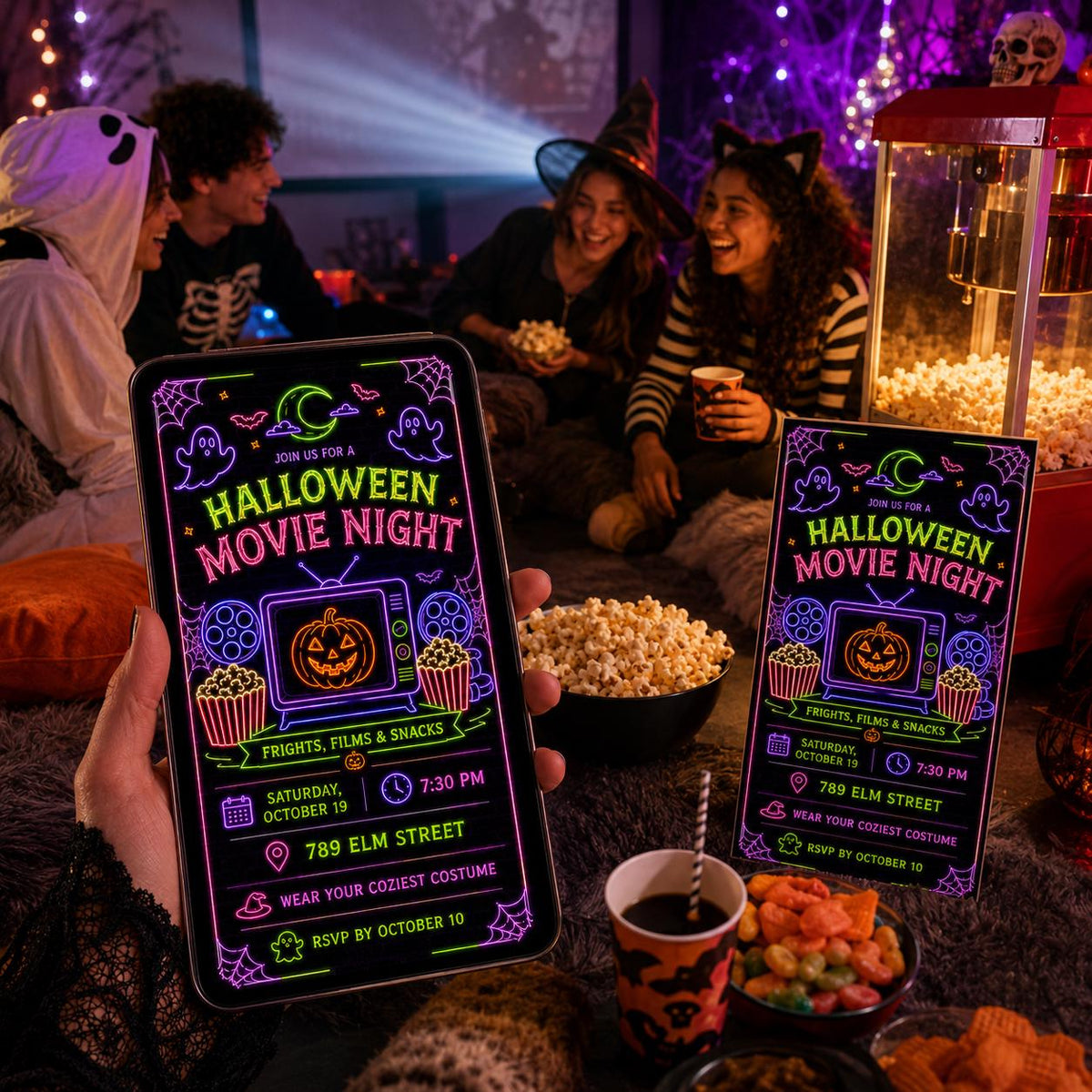 Neon Halloween Movie Night Invitation — digital invitation, instant download