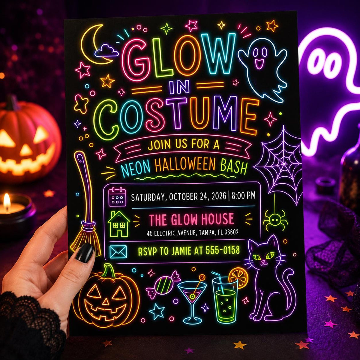 Neon Halloween Party Invitation: Glow in Costume Adult Kids Spooky Bash — Halloween party stationery by VoltBy