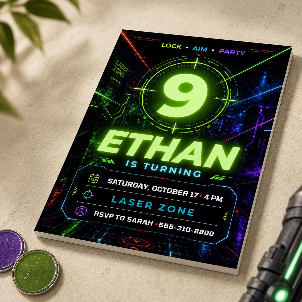 Neon Laser Tag 9th Birthday Invitation — digital invitation, instant download