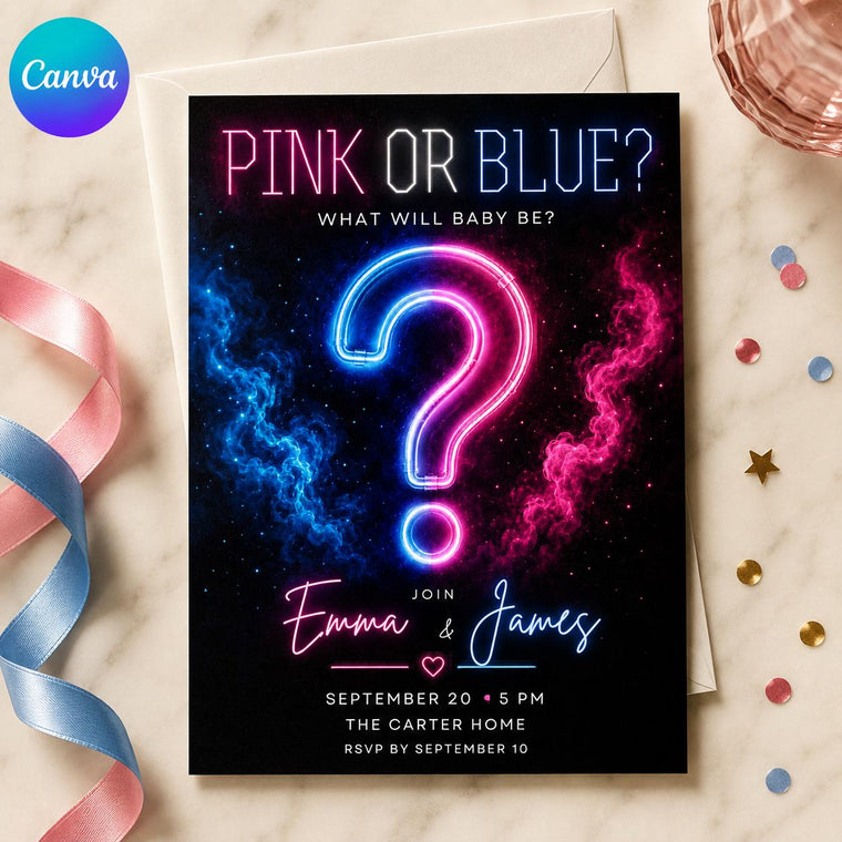 Neon Modern Gender Reveal Invitation Pink or Blue