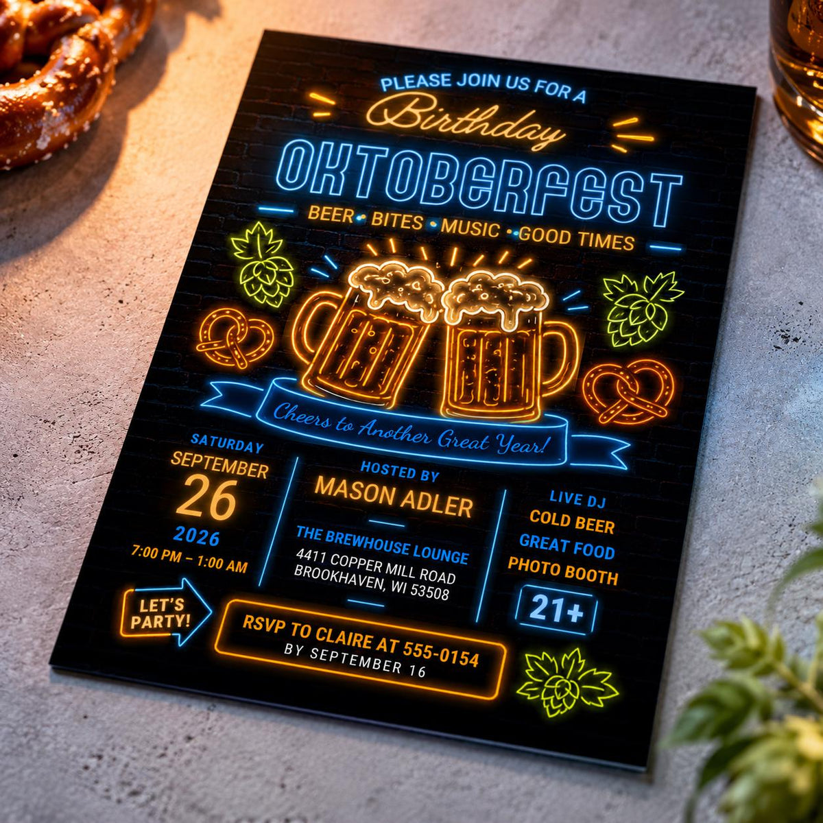 Neon Oktoberfest Birthday Invitation — digital invitation, instant download
