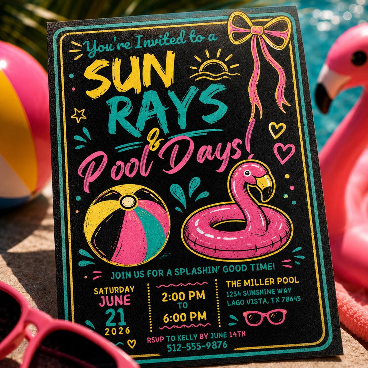 Neon Pool Party Invitation — digital invitation, instant download