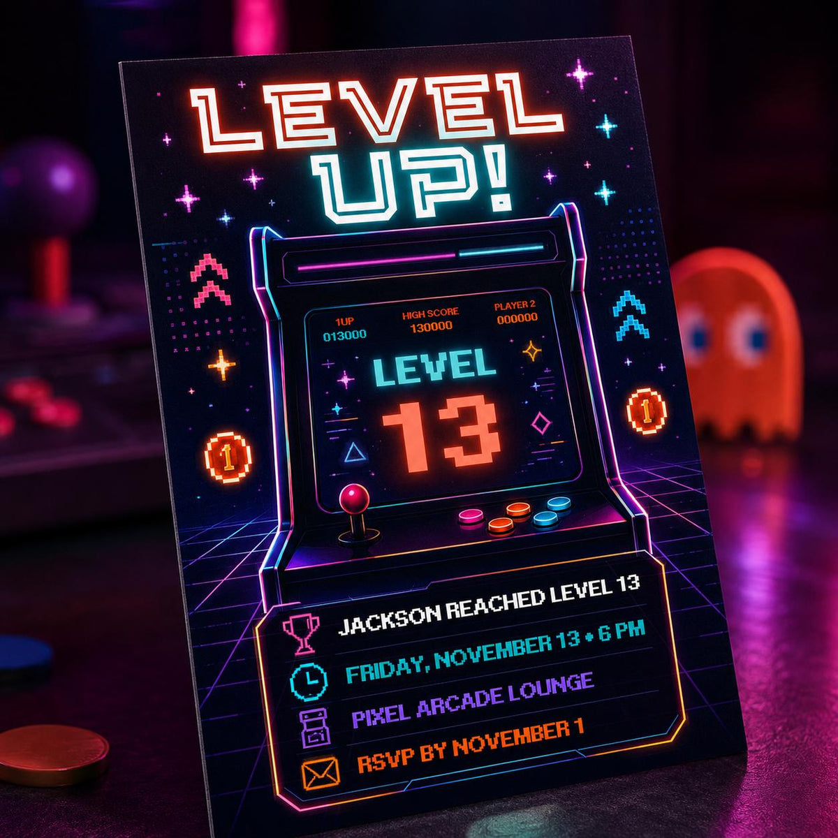 Neon Retro Arcade 13th Birthday Invitation — digital invitation, instant download