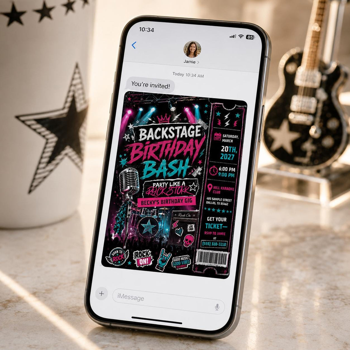 Neon Rockstar Birthday Invitation for Girls — digital invitation, instant download