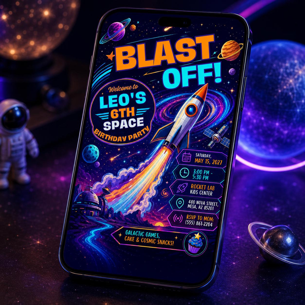 Neon Space 6th Birthday Invitation: Blast Off Rocket Party for Boys — 6th birthday party stationery by VoltBy