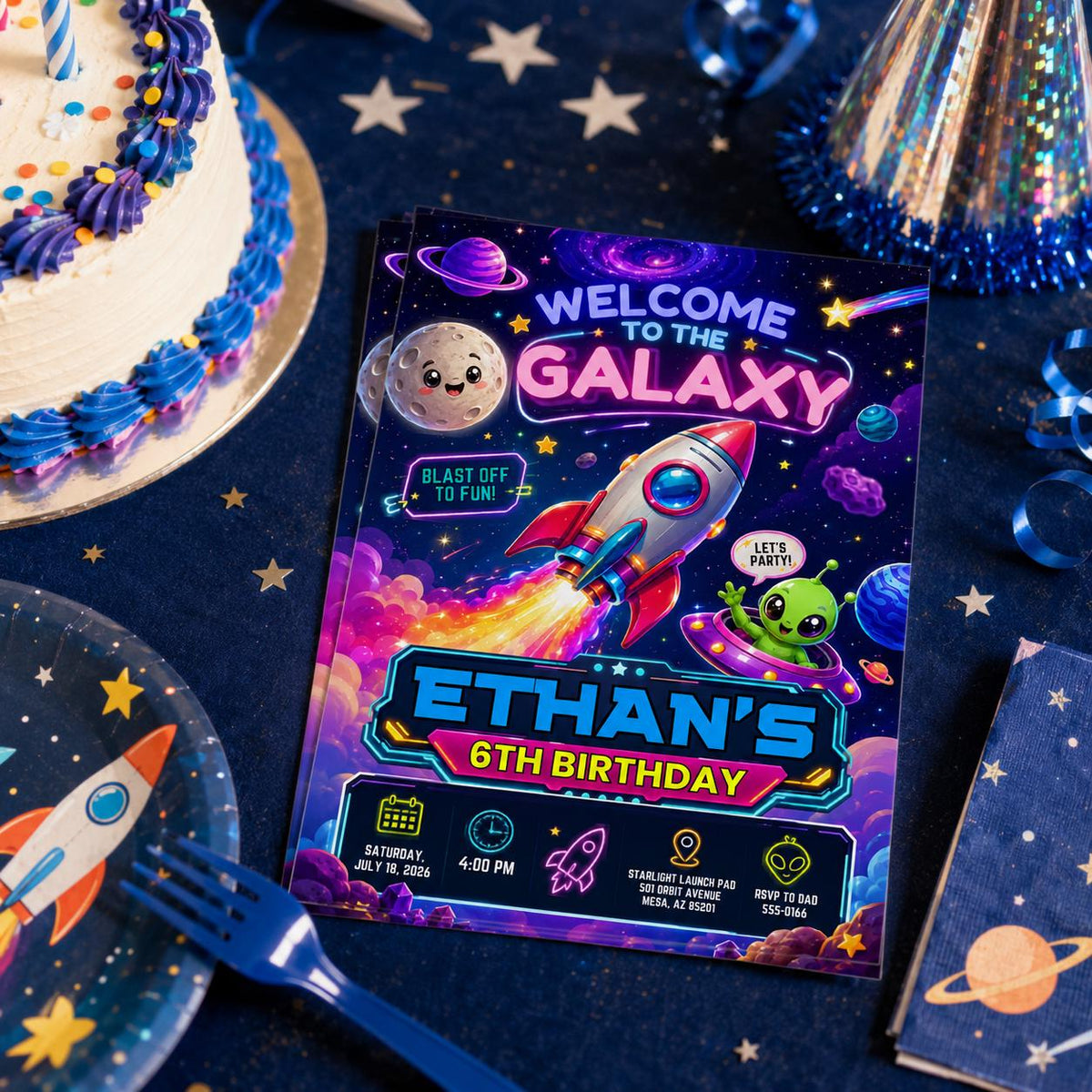 Neon Space 6th Birthday Invitation: Galaxy Rocket Alien Kids Party — 6th birthday party stationery by VoltBy