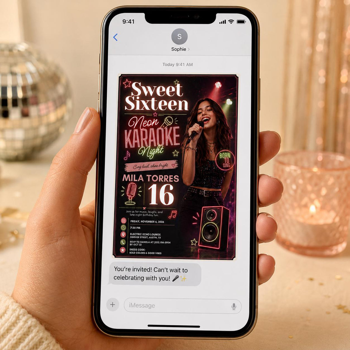 Neon Sweet 16 Karaoke Invitation for Girls — digital invitation, instant download