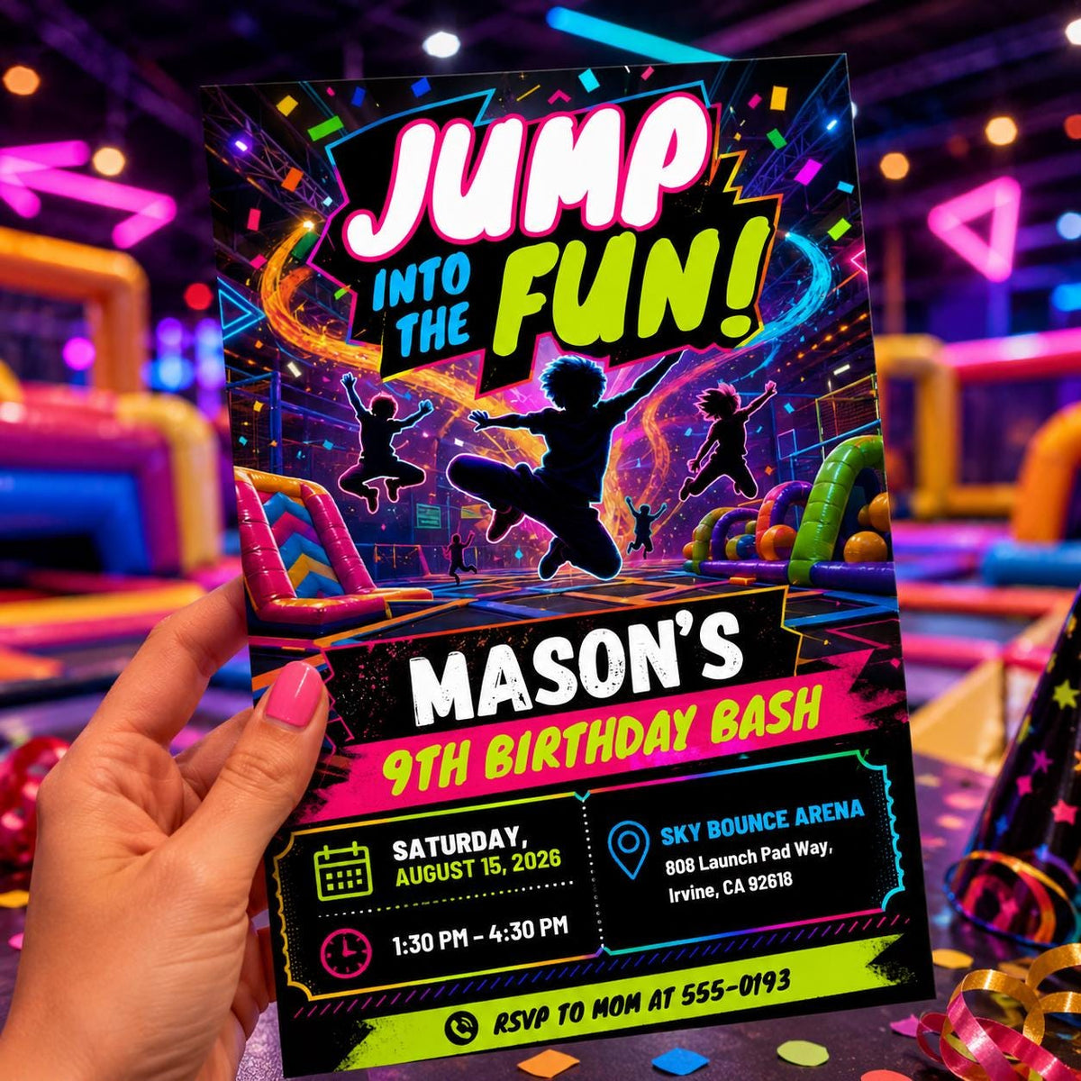 Neon Trampoline Park 9th Birthday Invitation for Boys — digital invitation, instant download