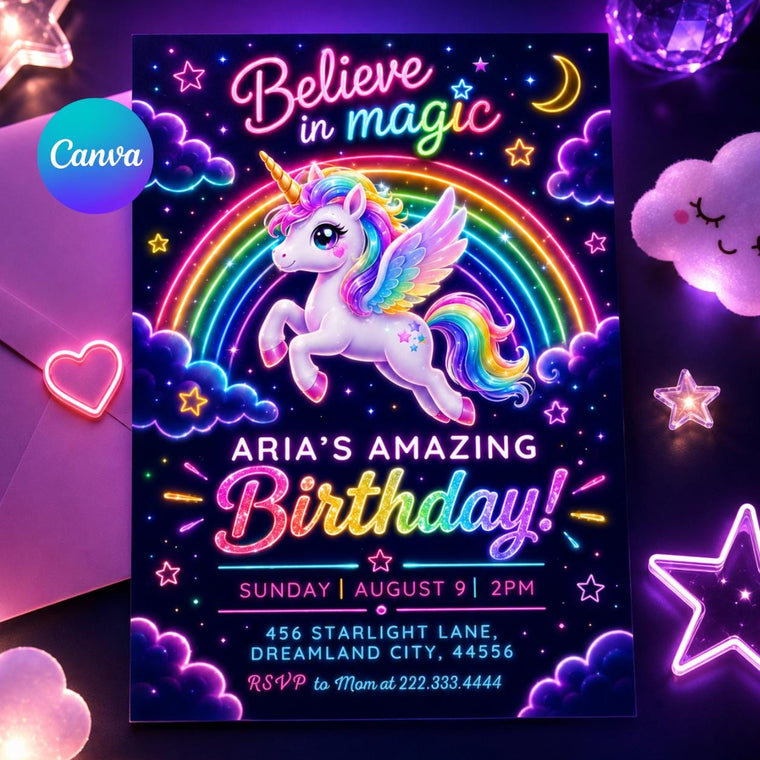 Neon Unicorn Birthday Invitation with Rainbow