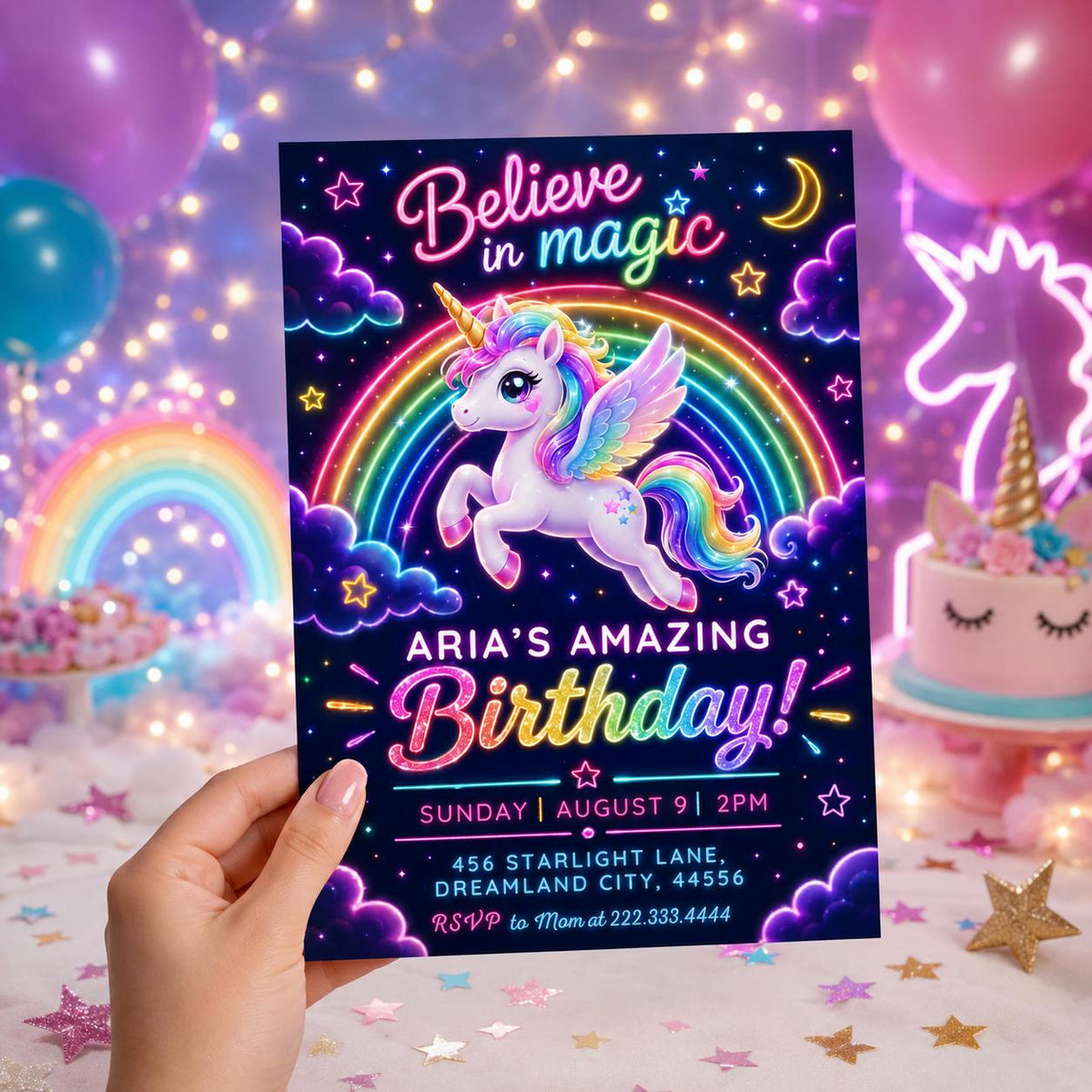 Neon Unicorn Birthday Invitation with Rainbow — magic artwork in black and blue