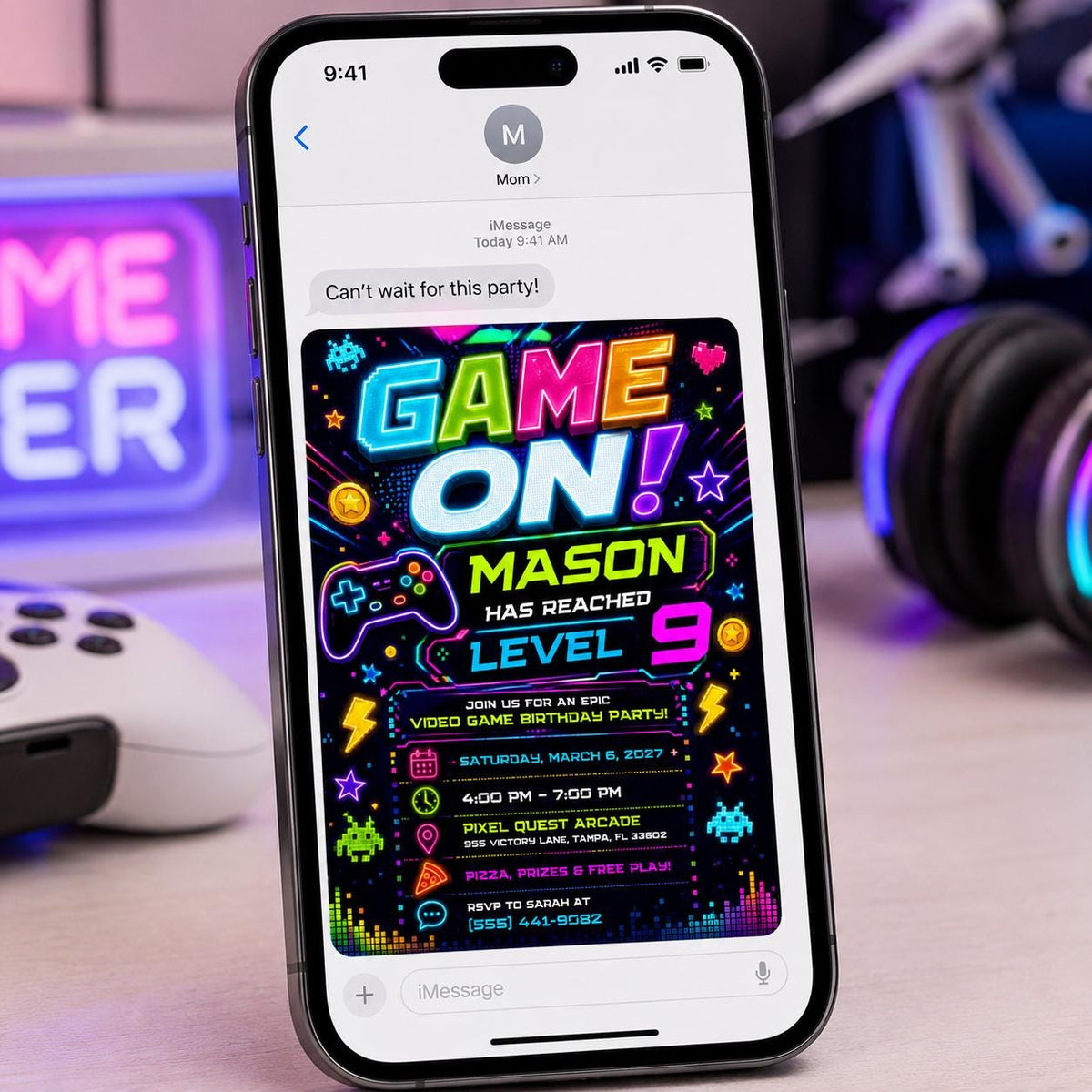 Neon Video Game 9th Birthday Invitation: Neon Level 9 Gamer Party — digital invitation, instant download