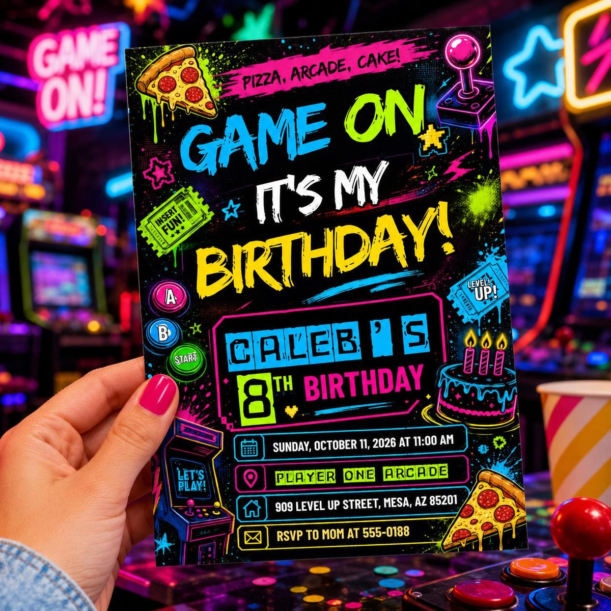 Neon Video Game Birthday Invitation for Boys — digital invitation, instant download