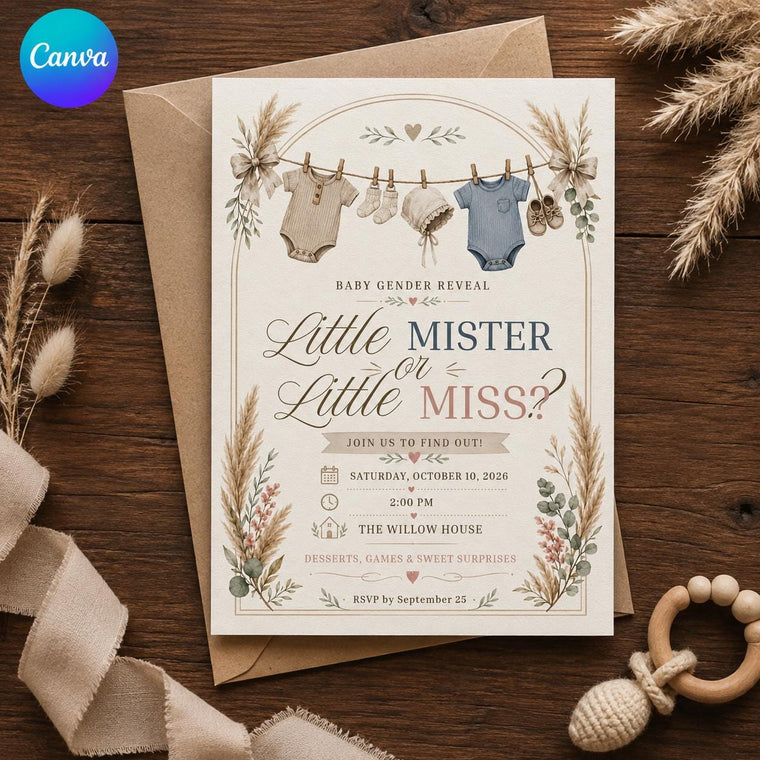 Neutral Boho Little Mister or Little Miss Gender Reveal Invitation