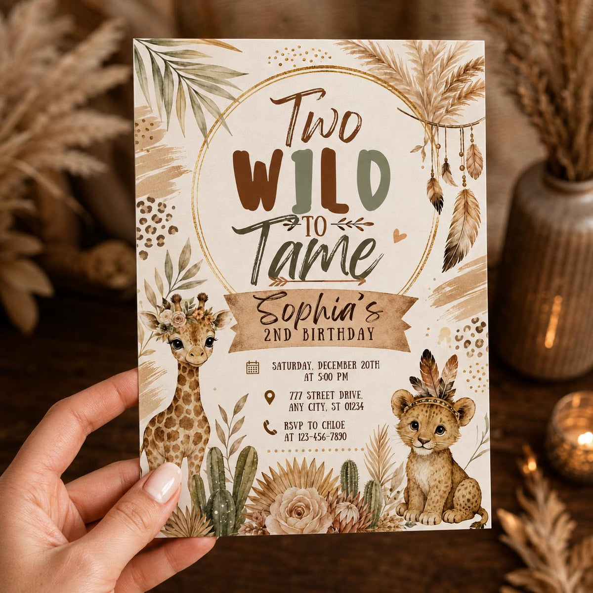 Neutral Boho Wild 2nd Birthday Invitation for Girls — digital invitation, instant download
