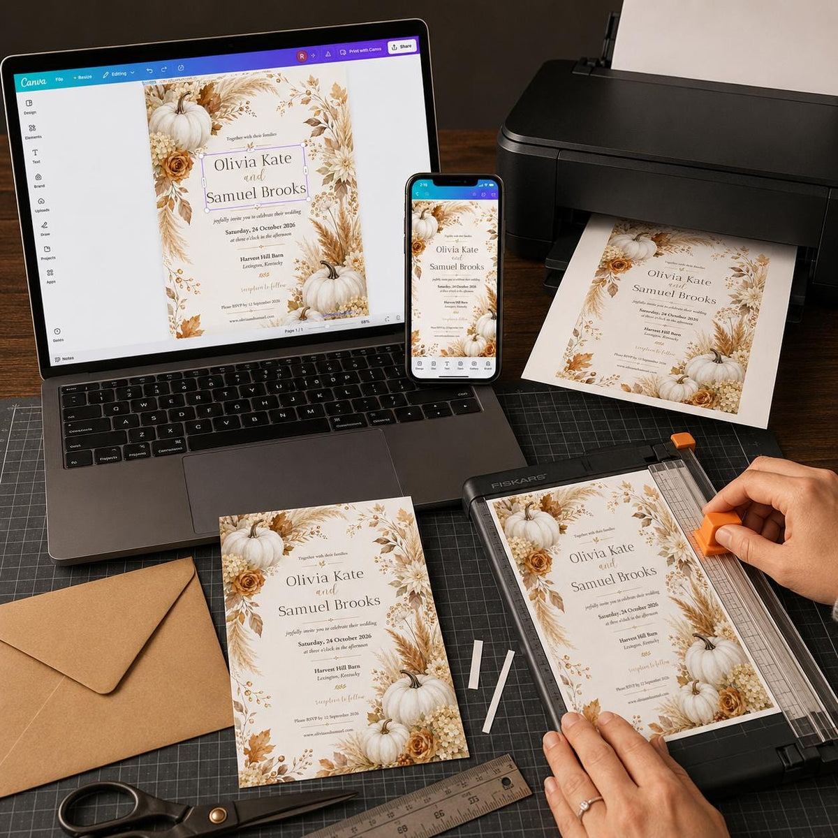Neutral Elegant Fall Pumpkin Wedding Invitation — print-ready wedding design from VoltBy