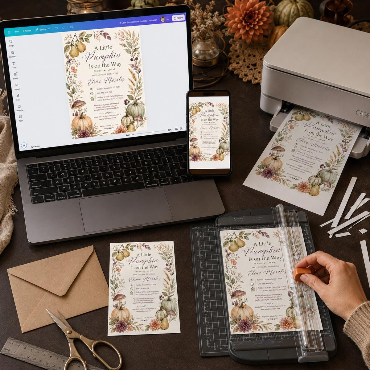 Neutral Floral Little Pumpkin Baby Shower Invitation — digital invitation, instant download