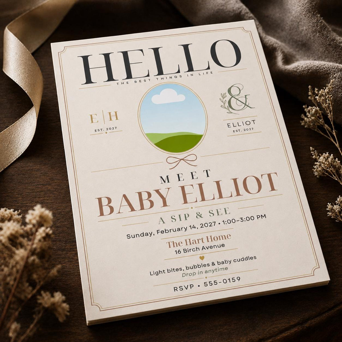 Neutral Modern Sip and See Invitation — digital invitation, instant download