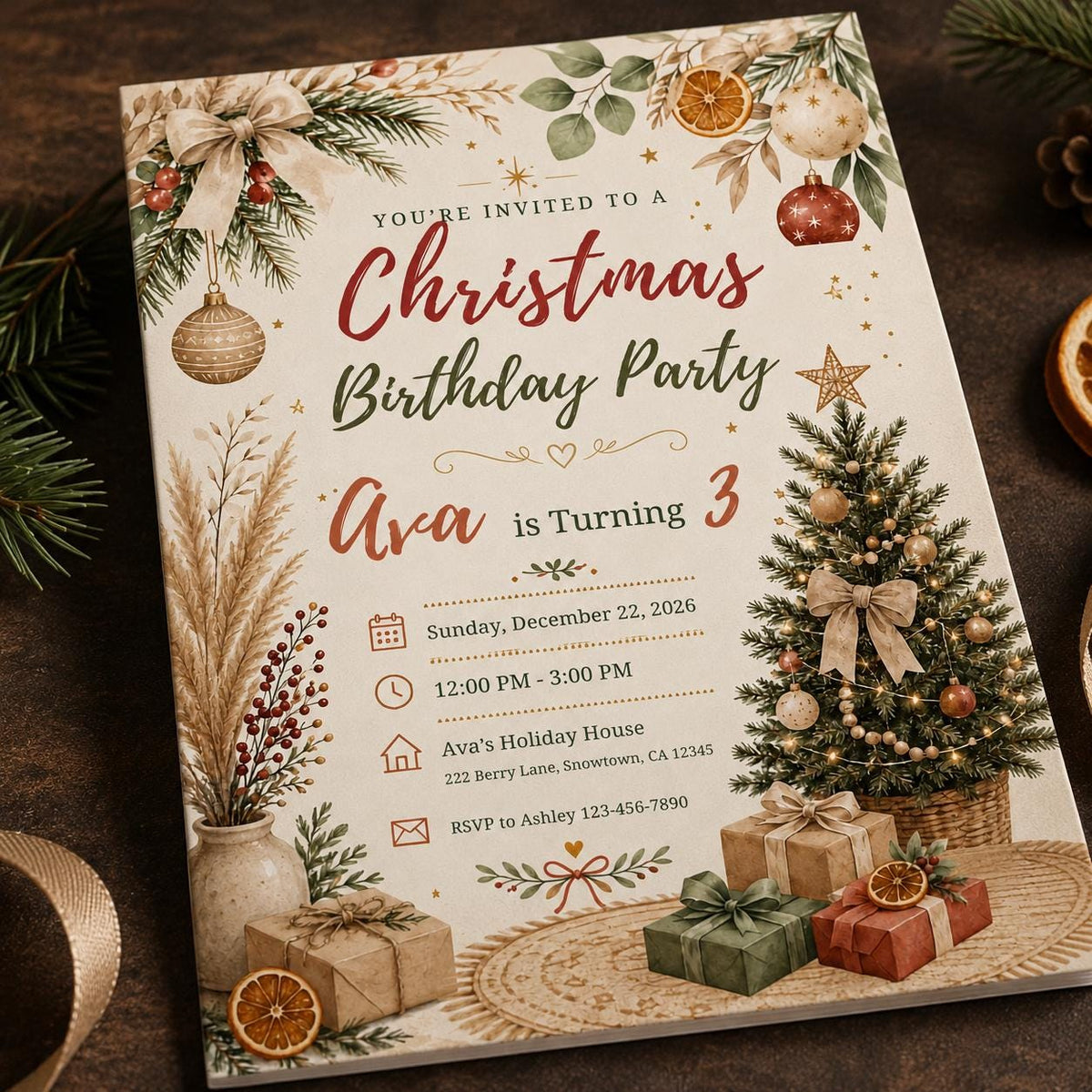 Neutral Rustic Christmas 3rd Birthday Invitation for Girls — digital invitation, instant download