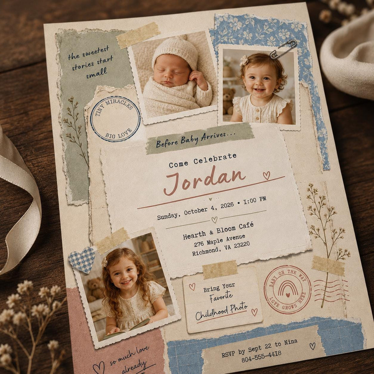 Neutral Vintage Baby Shower Invitation with Photo — baby shower stationery by VoltBy