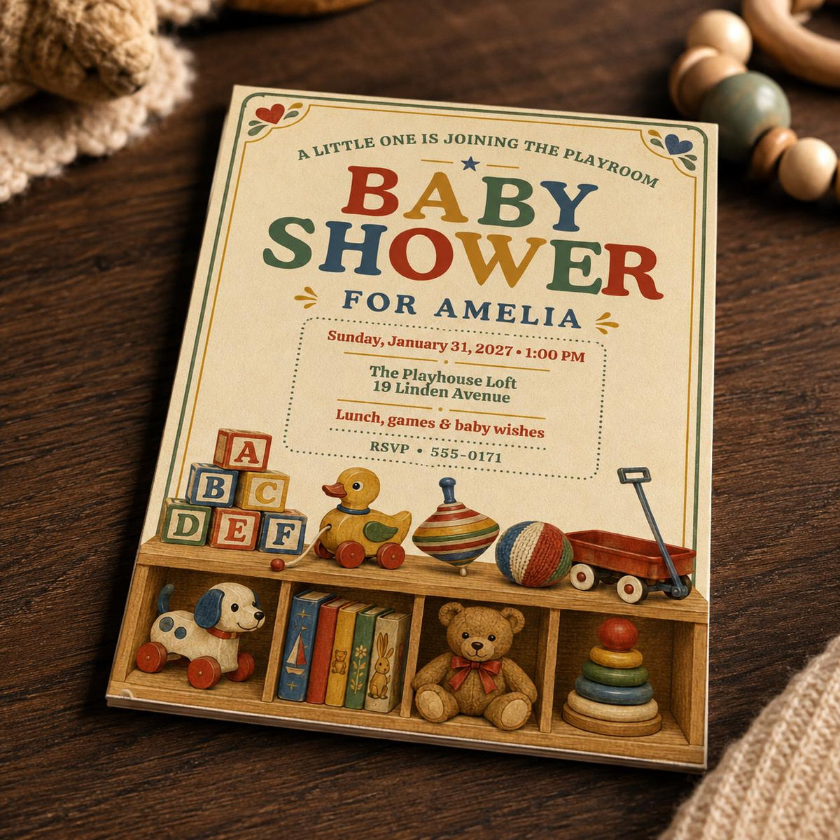 Neutral Vintage Toy Baby Shower Invitation — digital invitation, instant download