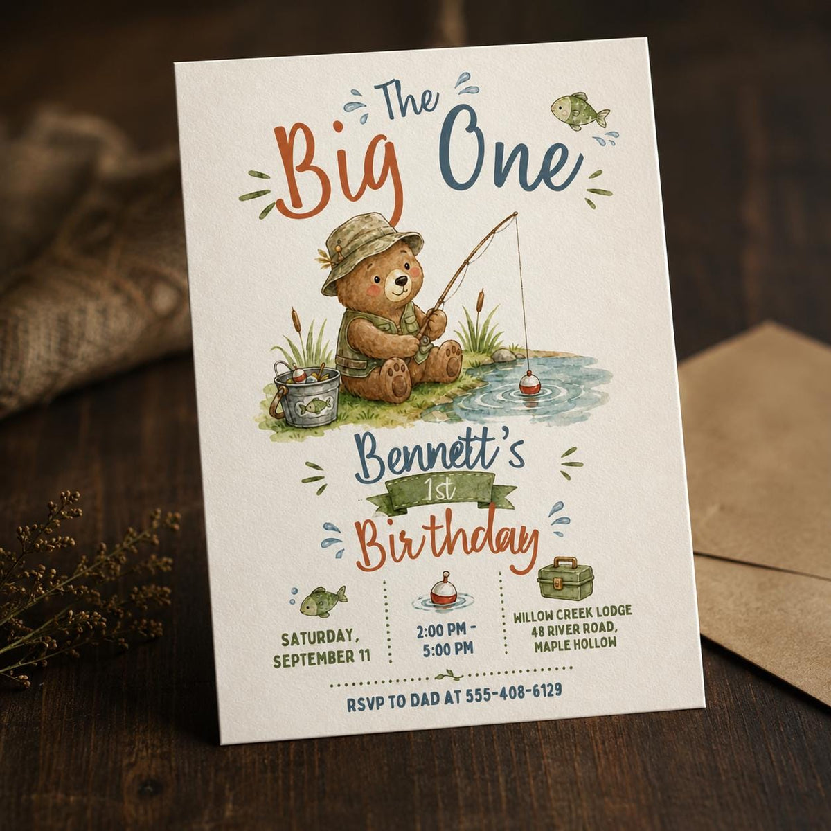 Neutral Watercolor Fishing First Birthday Invitation — digital invitation, instant download