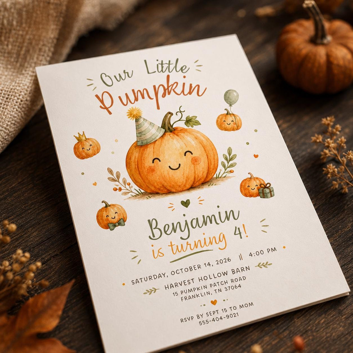 Neutral Watercolor Little Pumpkin 4th Birthday Invitation — 4th birthday party stationery by VoltBy