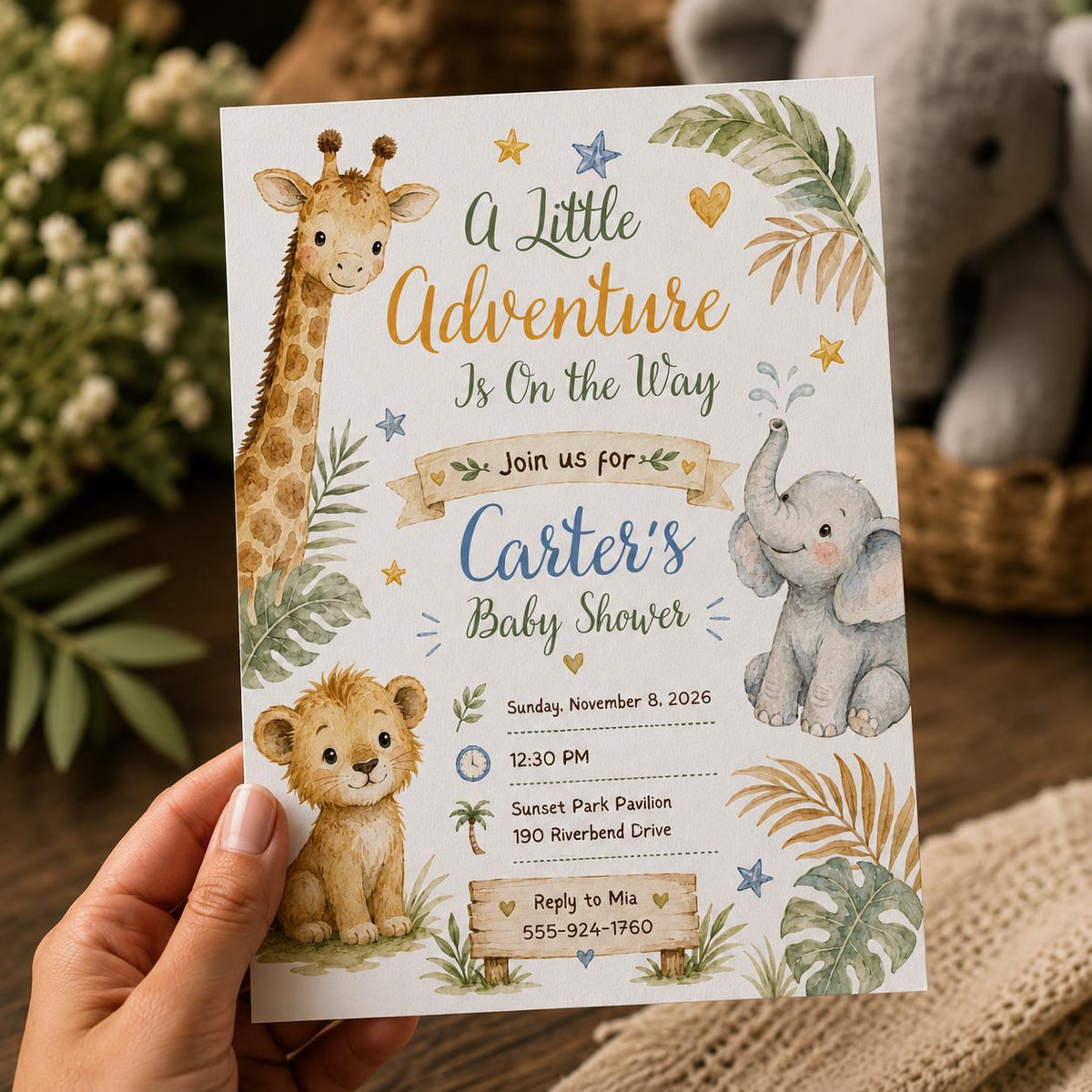 Neutral Watercolor Safari Baby Shower Invitation — digital invitation, instant download