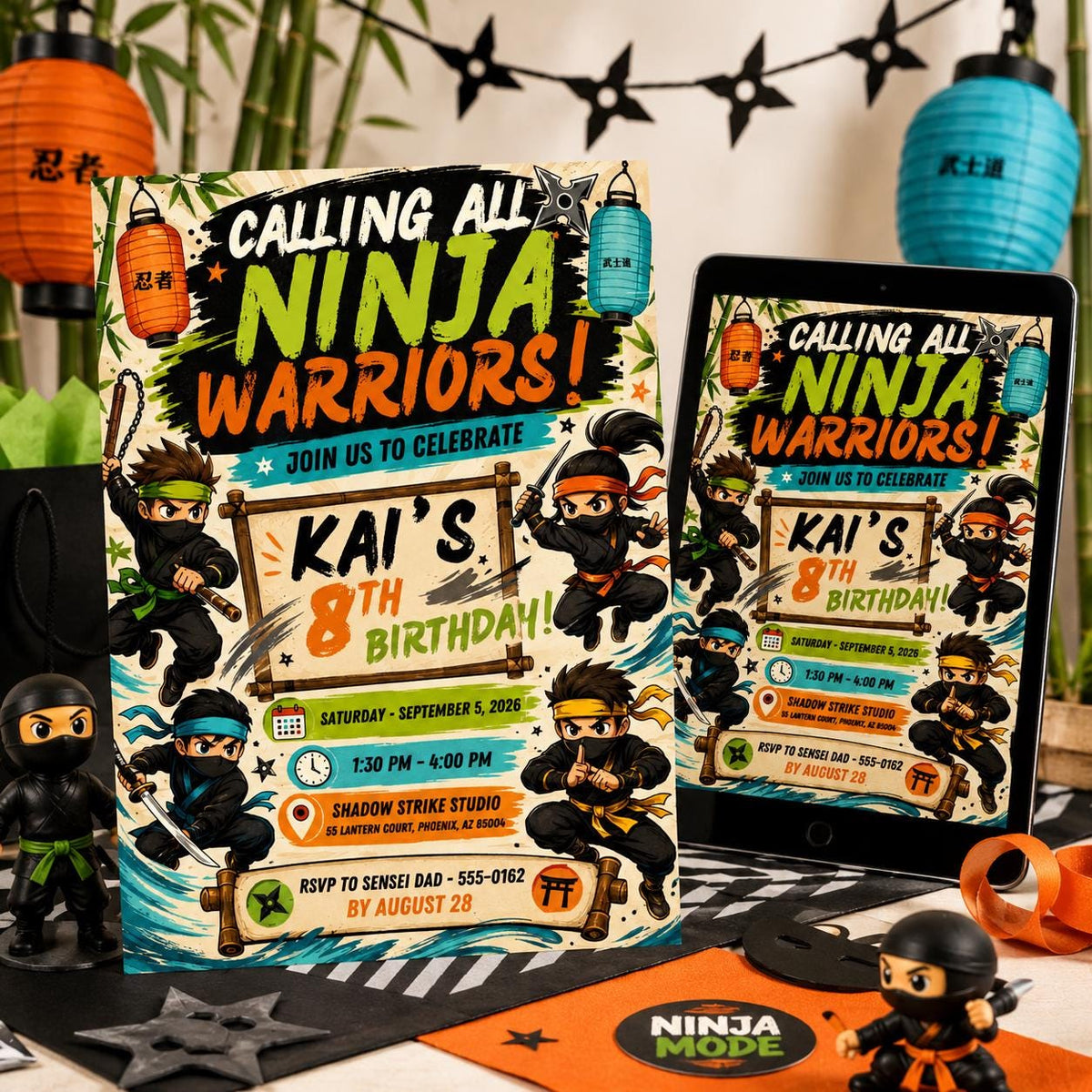 Ninja Warriors 8th Birthday Invitation — lantern artwork in black and green