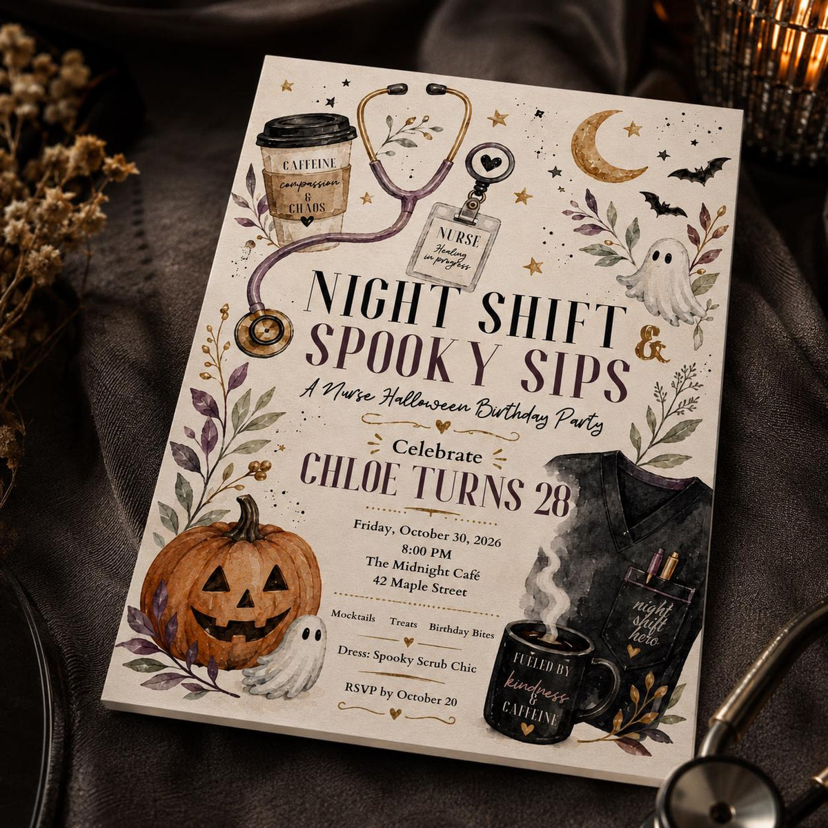 Nurse Halloween 28th Birthday Invitation — 28th birthday party stationery by VoltBy