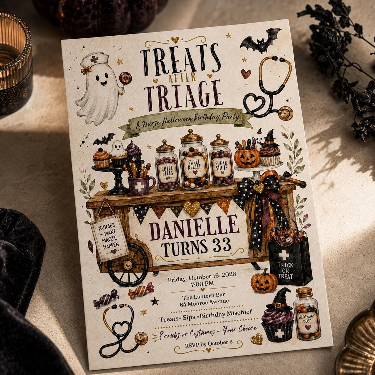 Nurse Halloween 33rd Birthday Invitation — 33rd birthday party stationery by VoltBy