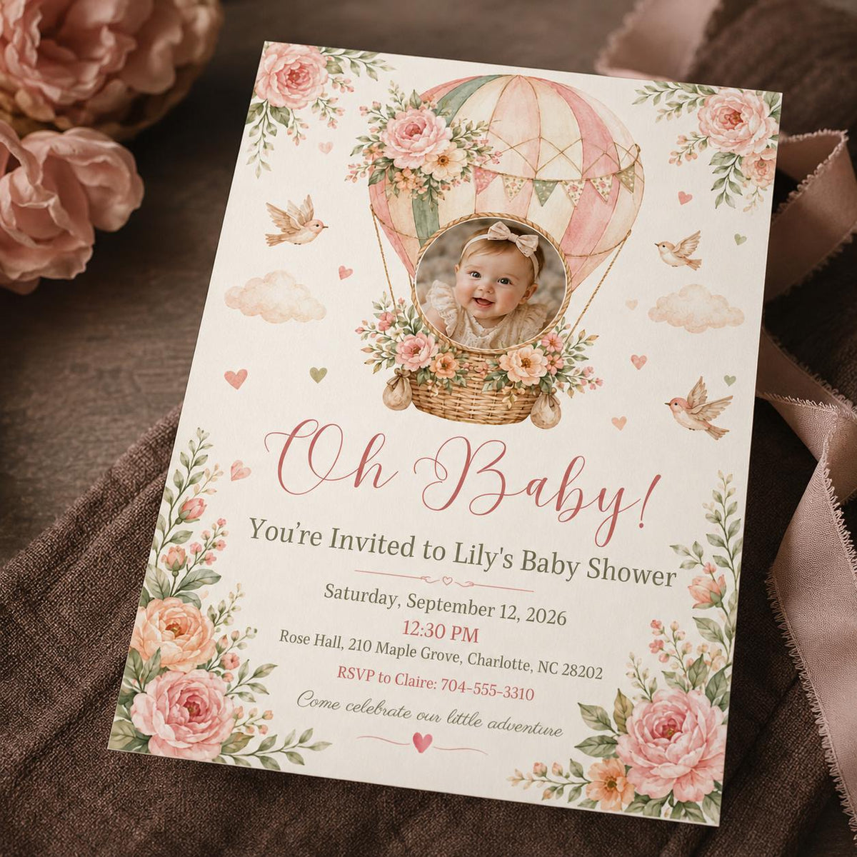 Oh Baby Hot Air Balloon Photo Baby Shower Invitation — digital invitation, instant download