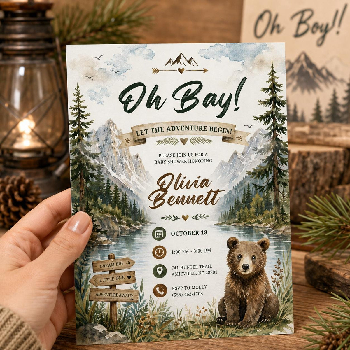 Oh Boy Mountain Bear Baby Shower Invitation — print-ready baby shower design from VoltBy