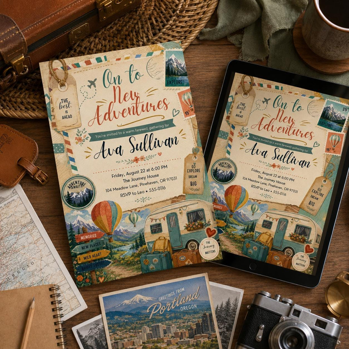 On to New Adventures Farewell Invitation with Camper Van — print-ready farewell design from VoltBy