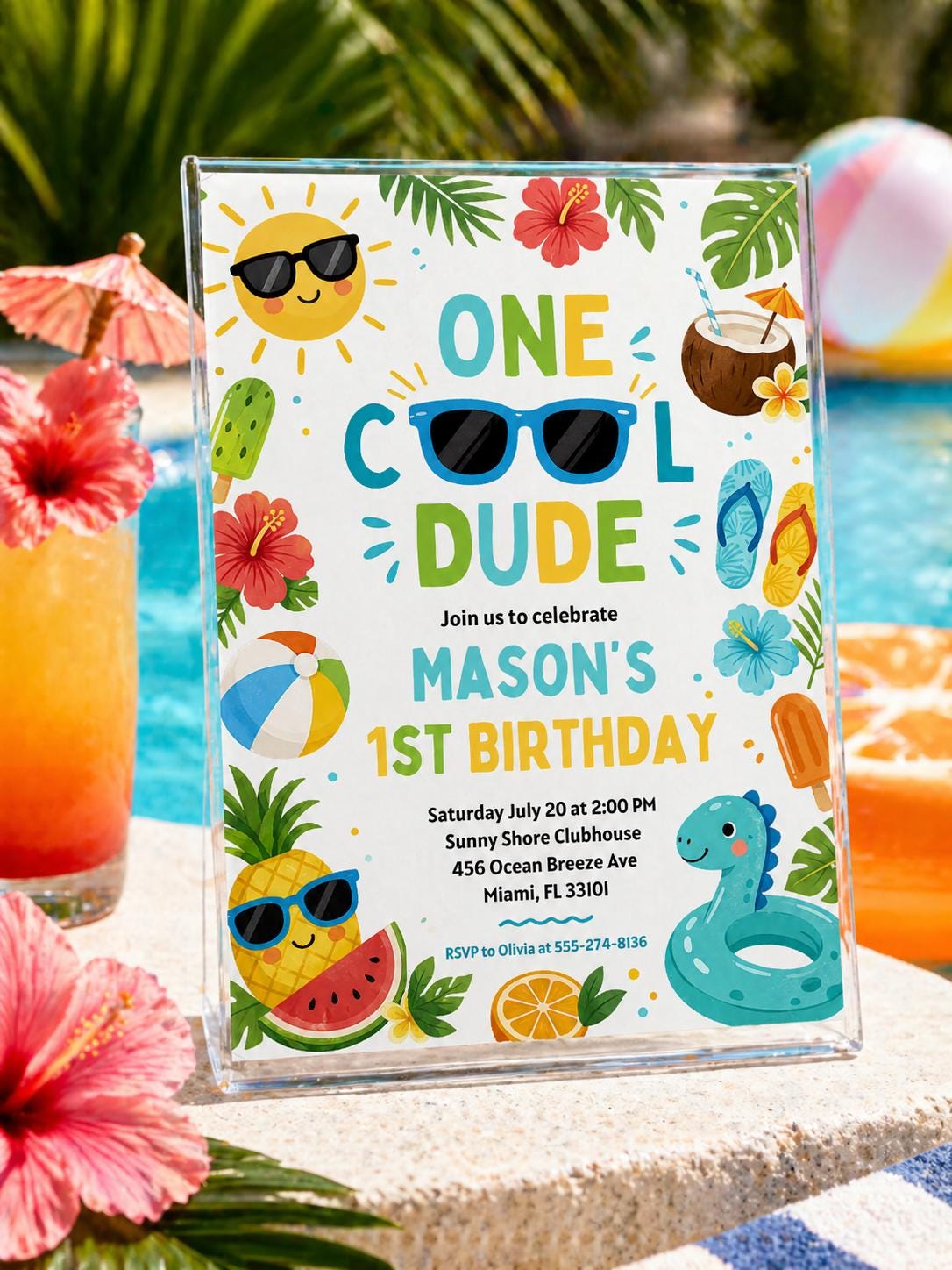 One Cool Dude Tropical Pool First Birthday Invitation for Boys — design view 5