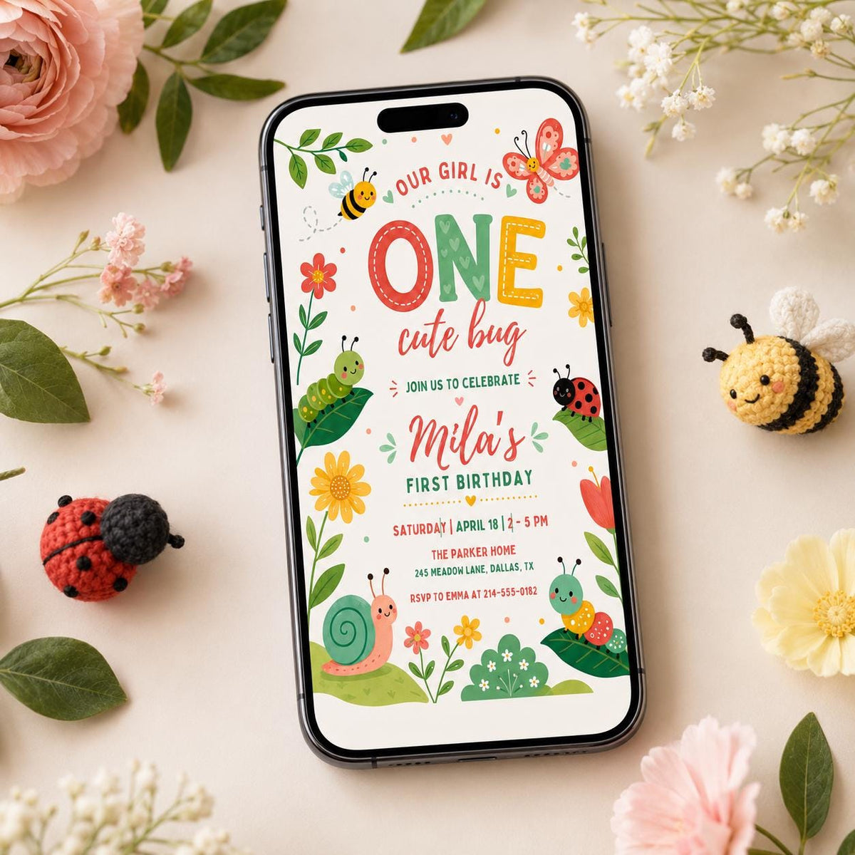 One Cute Bug First Birthday Invitation with Garden Critters — print-ready first birthday design from VoltBy