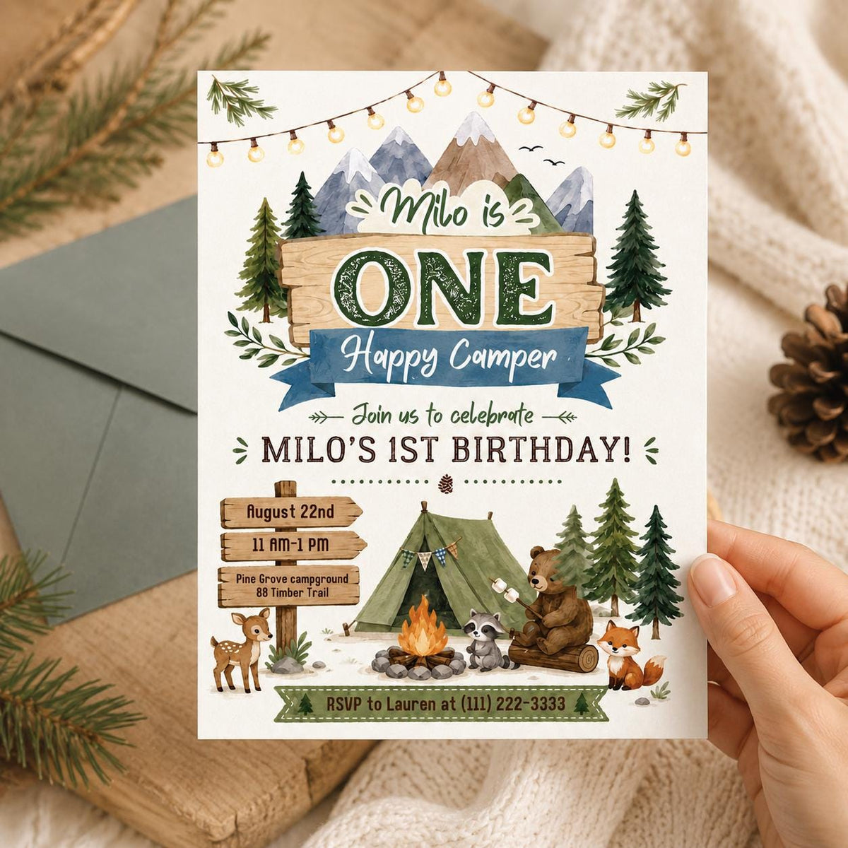 One Happy Camper First Birthday Invitation with Mountain Campsite — mountains and woodland design