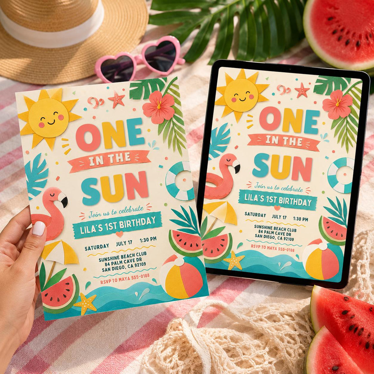 One in the Sun First Birthday Invitation for Girls — digital invitation, instant download