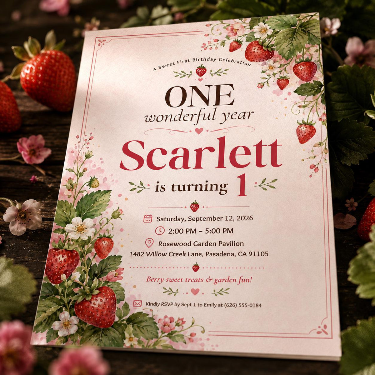 One Wonderful Year Strawberry First Birthday Invitation — digital invitation, instant download
