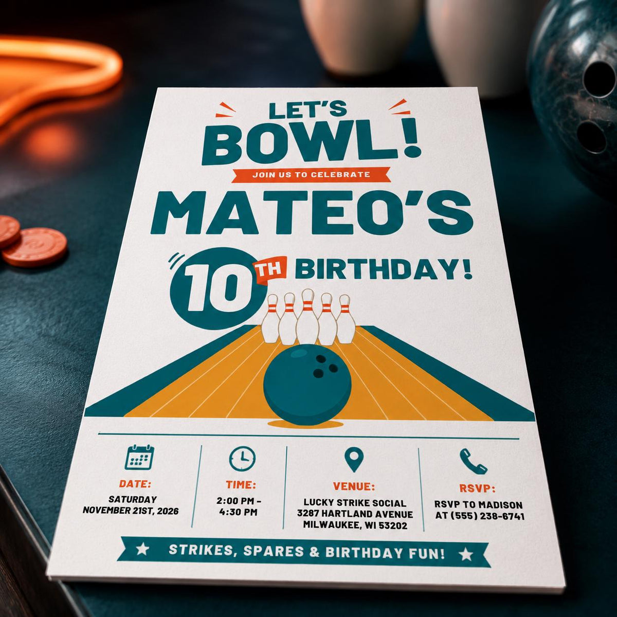 Orange and Teal Bowling 10th Birthday Invitation — digital invitation, instant download