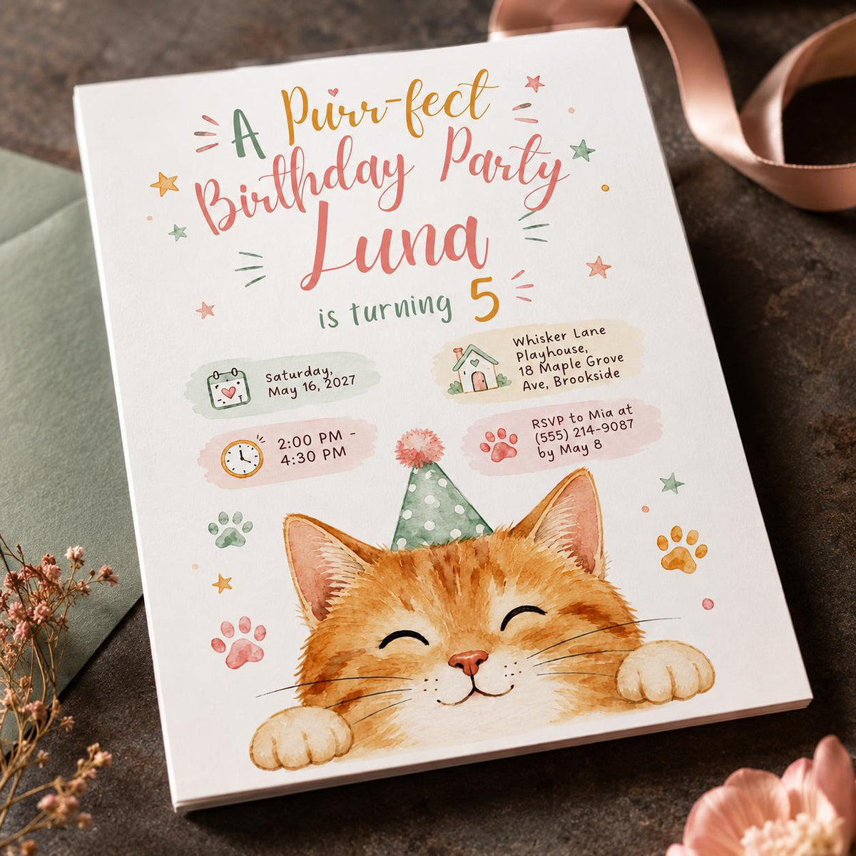 Orange Cat 5th Birthday Invitation for Girls — 5th birthday party stationery by VoltBy
