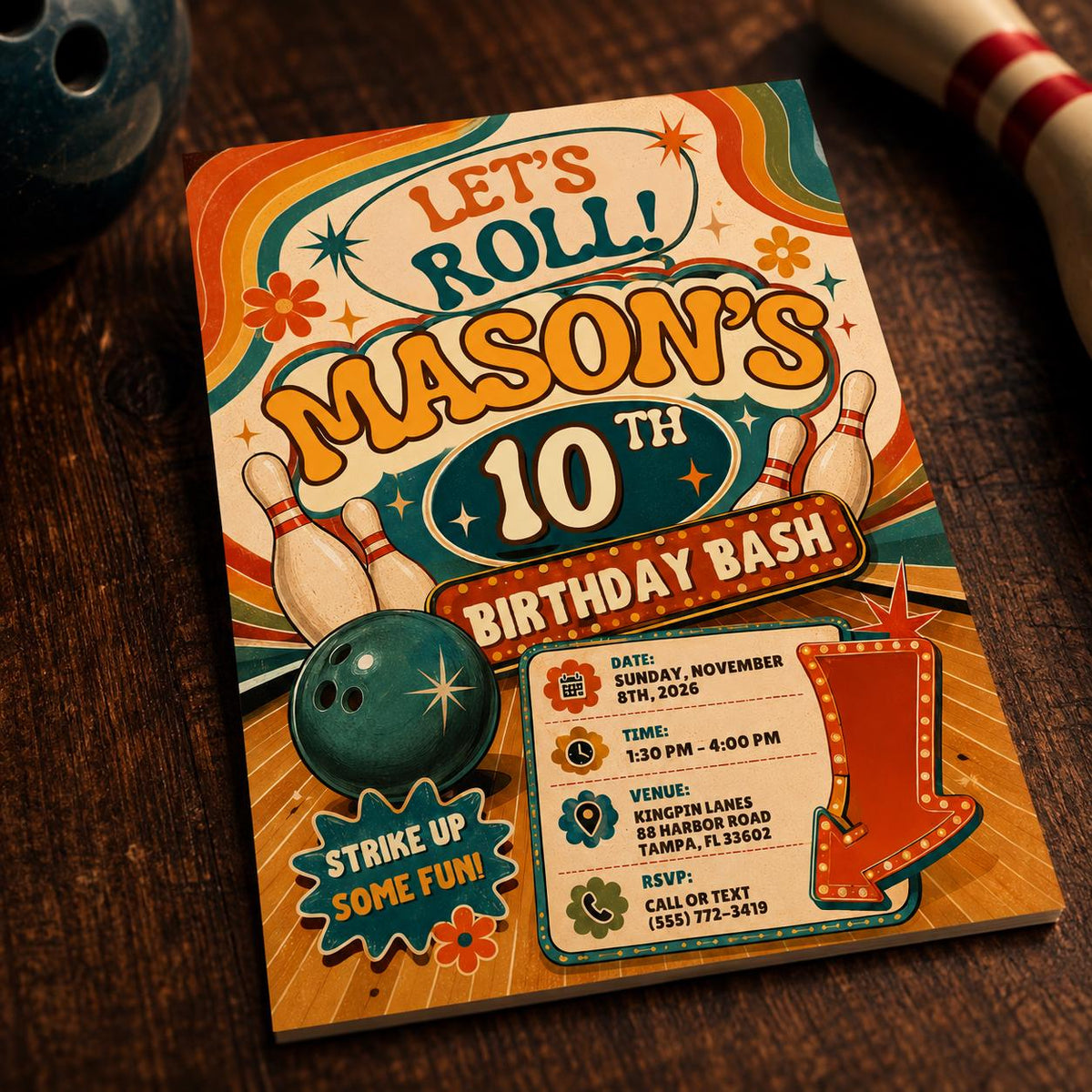 Orange Let's Roll Bowling 10th Birthday Invitation — print-ready 10th birthday party design from VoltBy